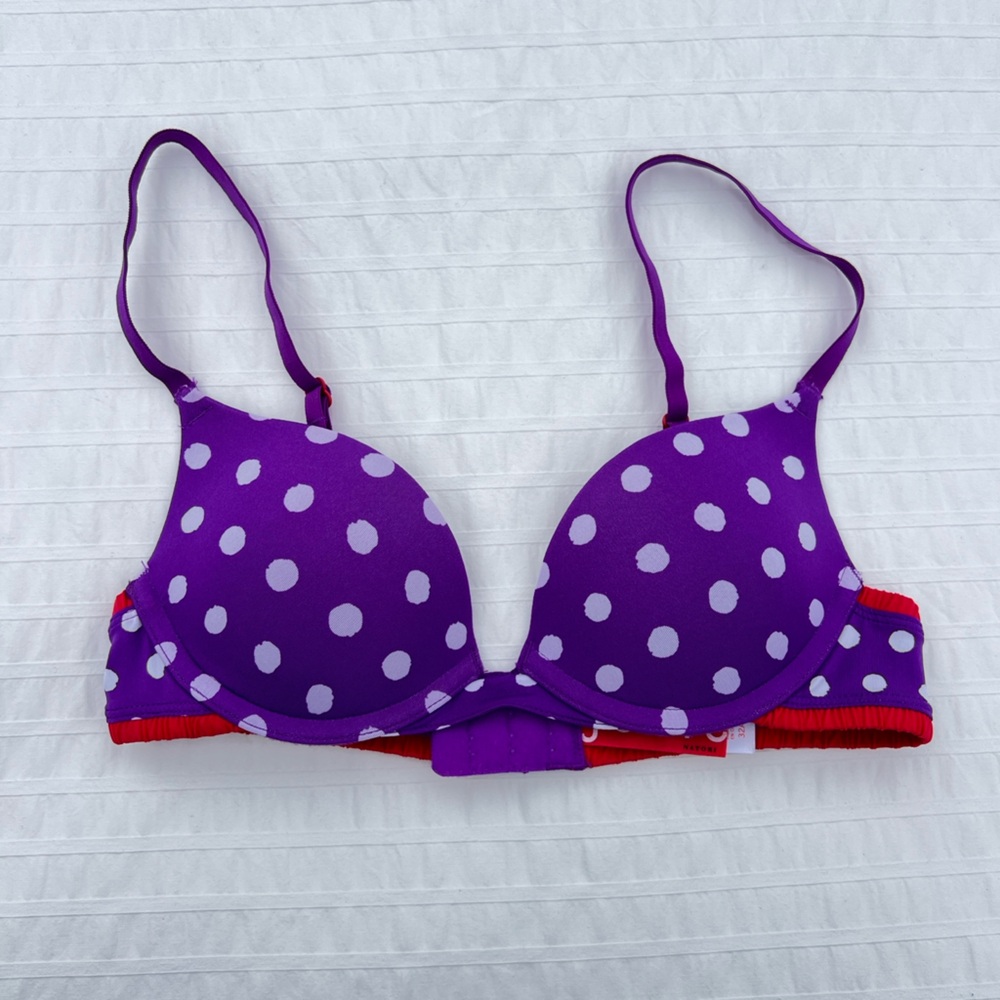 Josie By Natori Femme Deep Plunge Push-Up Bra in Purple Polka Dot, 32A